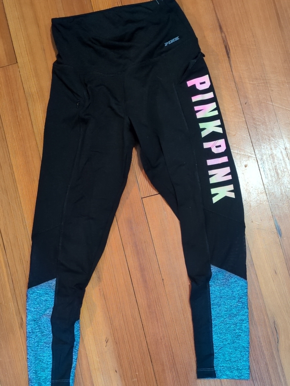 PINK Victoria's Secret Black Leggings with Pink & Green Logo and Blue Accent